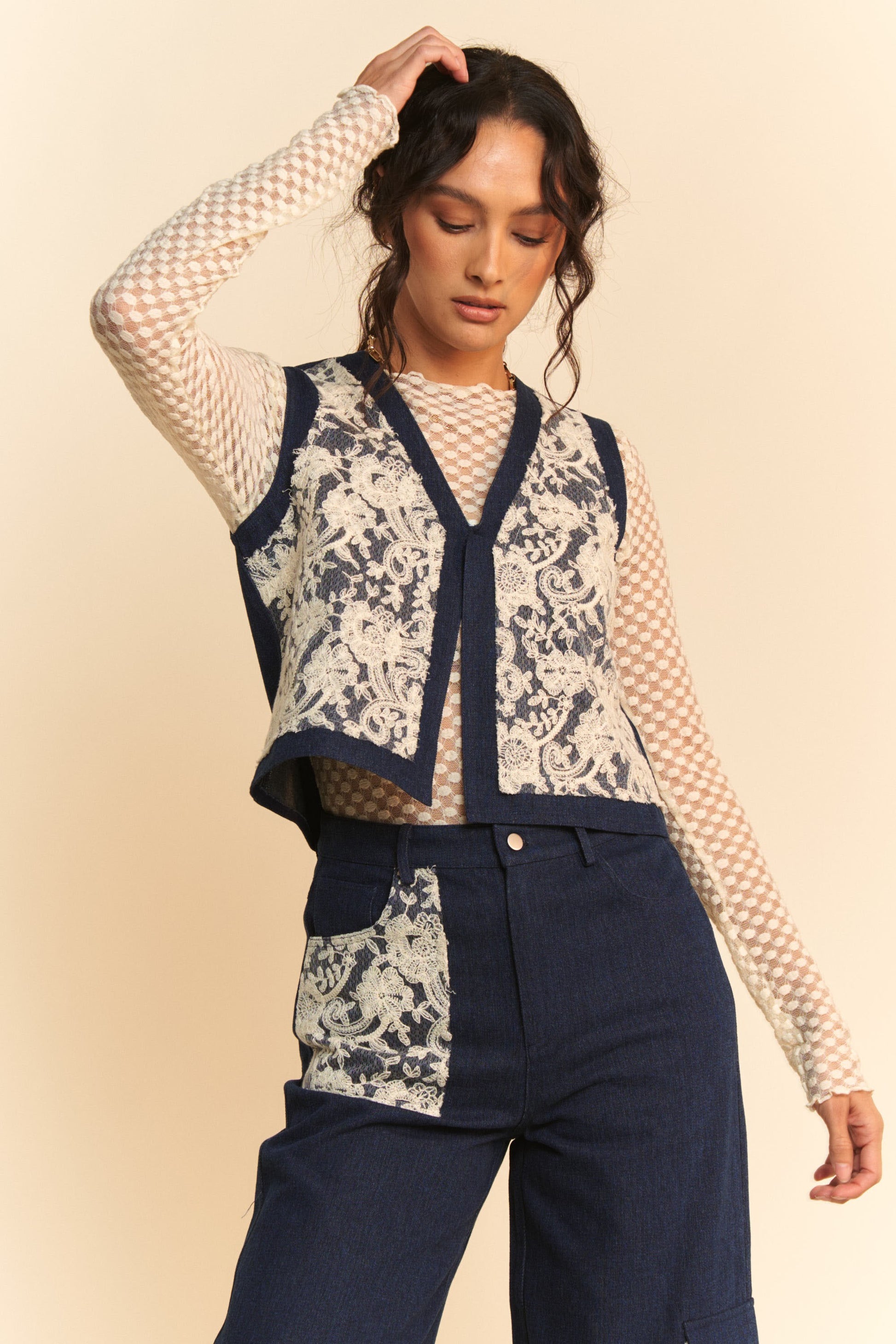 Davi & Dani Lace Patch Open Front Denim Vest 20061 | Gulf Resellers 