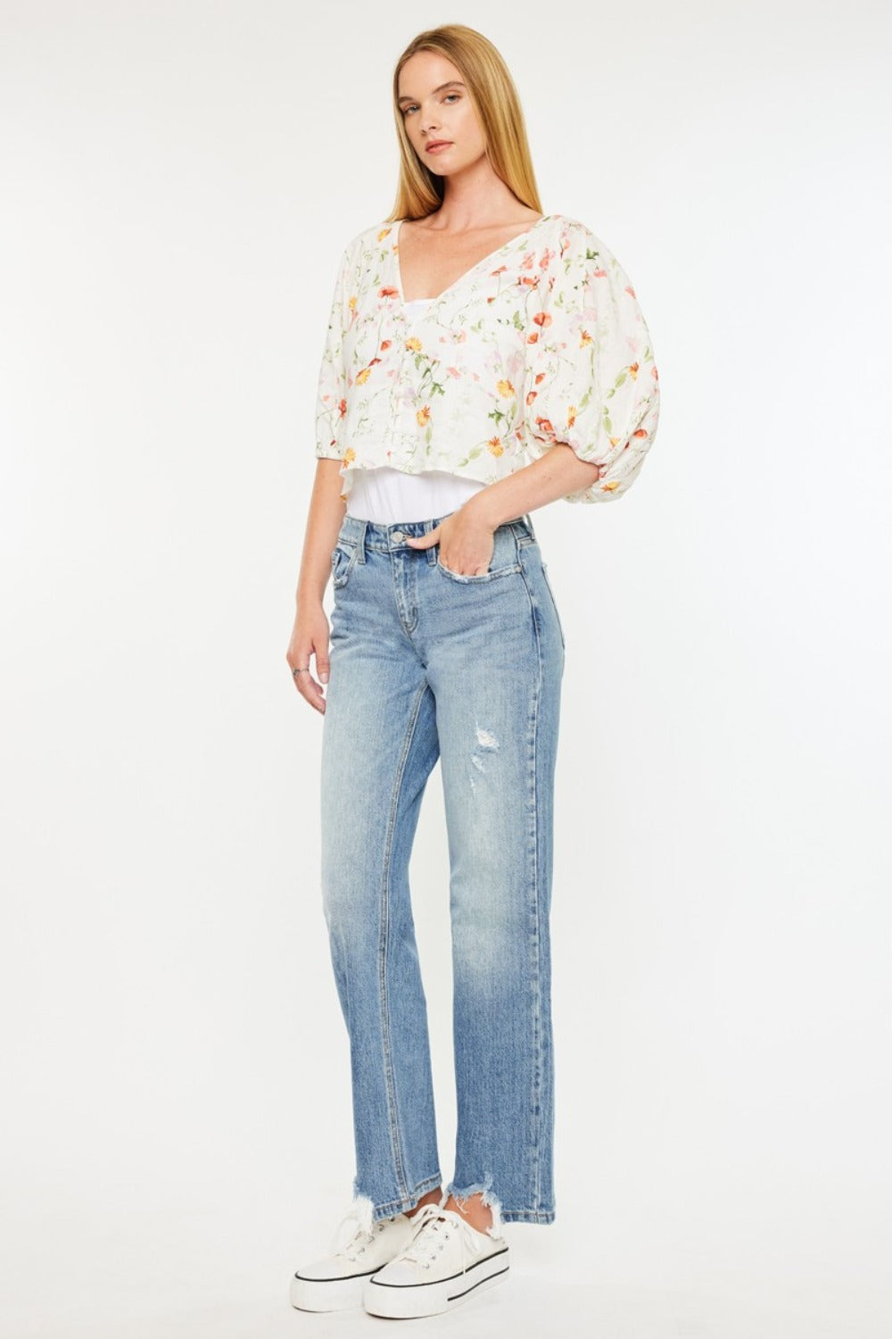 Kancan Mid Rise Frayed Hem Straight Jeans | Gulf Resellers