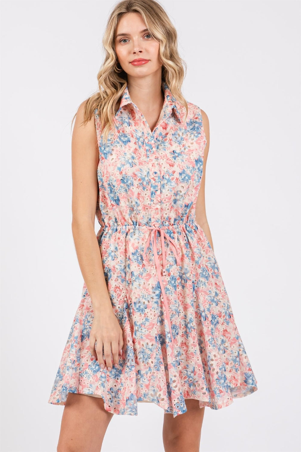 GeeGee Full Size Floral Eyelet Sleeveless Mini Dress 5193 | Gulf Resellers 