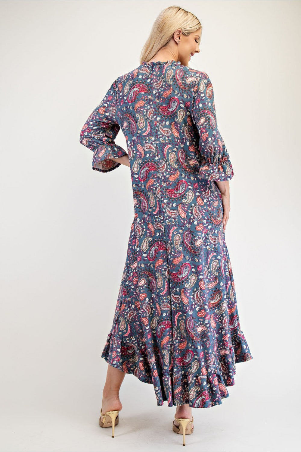 Celeste Full Size Ruffle Hem Paisley Round Neck Dress 20718 | Gulf Resellers 