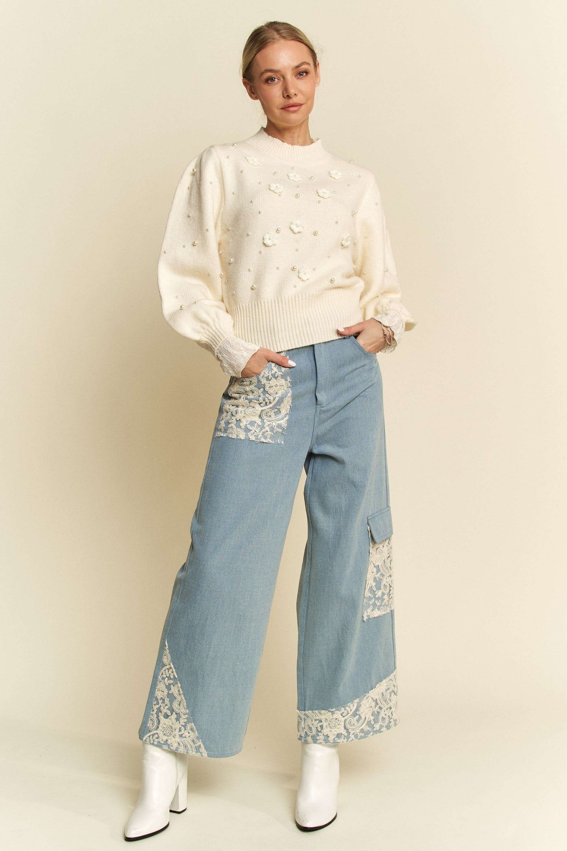 Davi & Dani Lace Applique Wide Leg Jeans 18969 | Gulf Resellers 