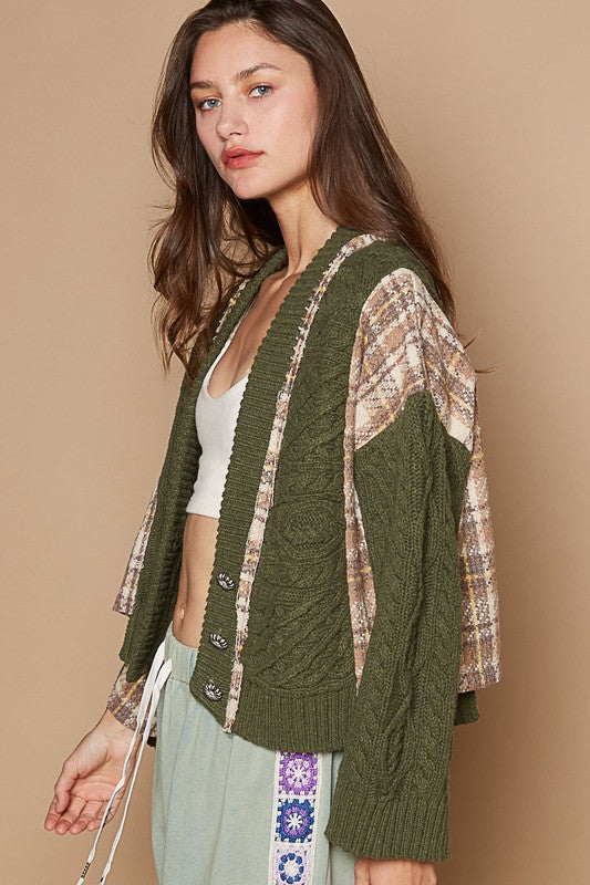 POL Cable-Knit Plaid V-Neck Button Up Cardigan 21832 | Gulf Resellers 