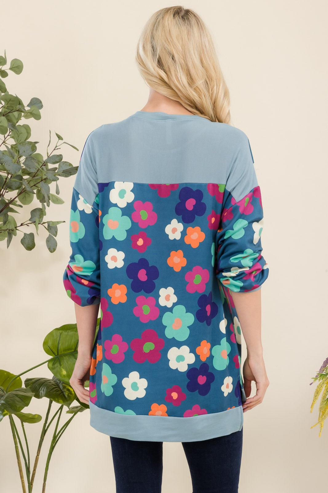 Celeste Full Size Side Slit Flower Print Long Sleeve Top 19555 | Gulf Resellers 