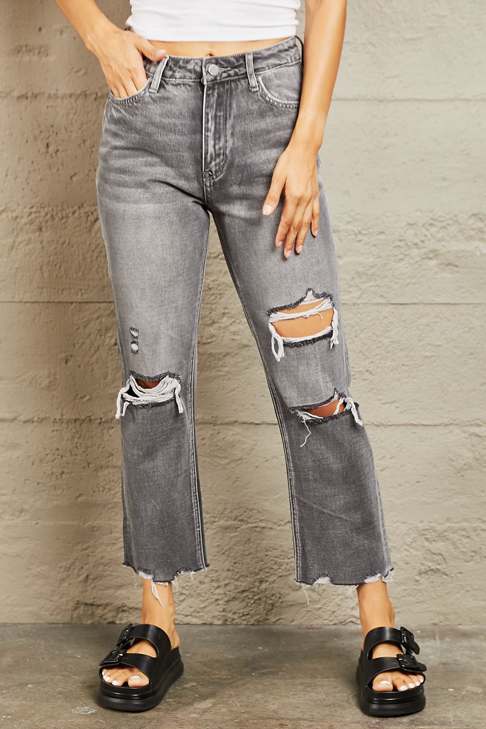 BAYEAS Mid Rise Distressed Cropped Dad Jeans