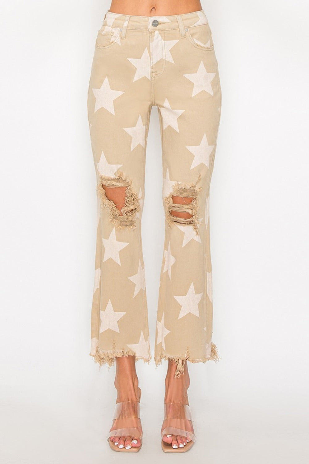 RISEN Full Size High Rise Star Printed Frayed Hem Jeans 8591 | Gulf Resellers 