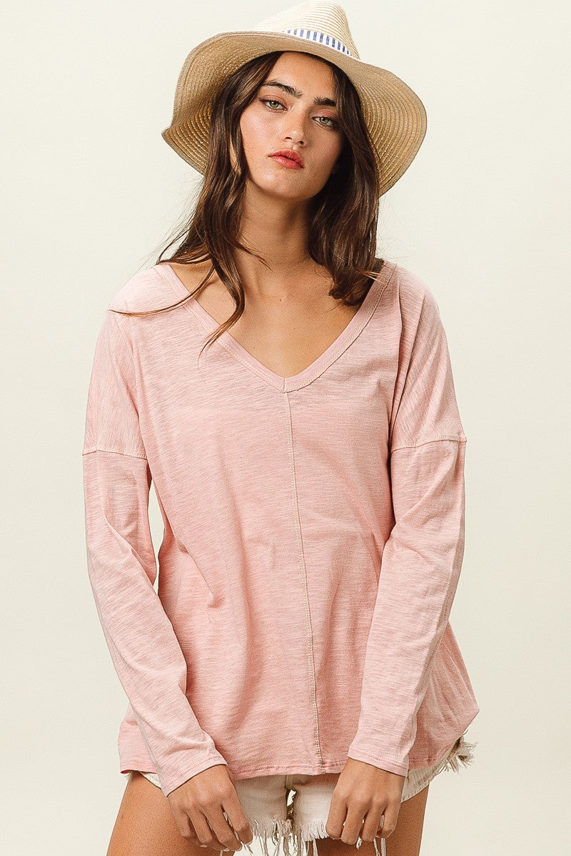 BiBi Exposed Seam V-Neck Long Sleeve T-Shirt 21884 | Gulf Resellers 