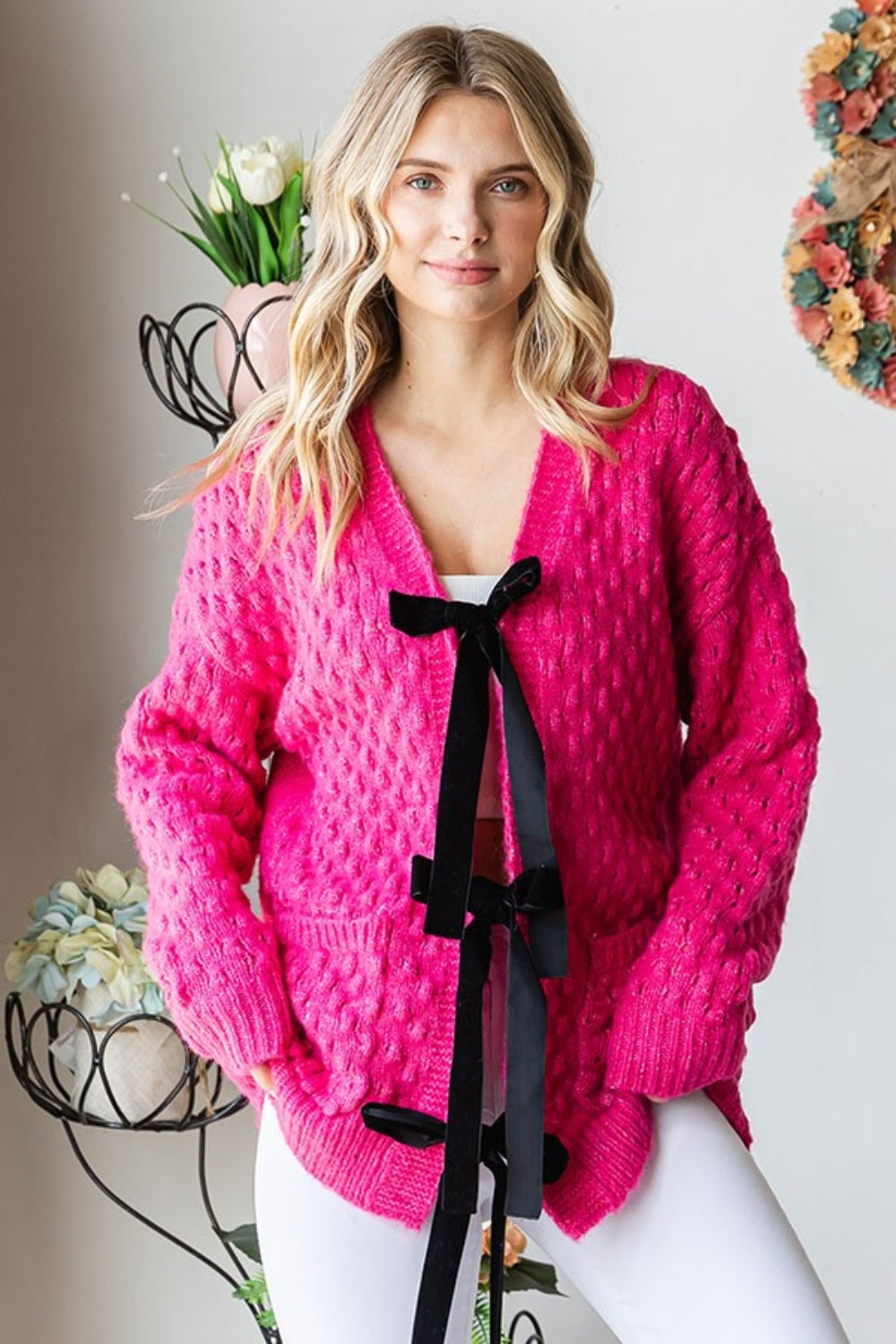 First Love Tie Closure Open Knit Cardigan 10274 | Gulf Resellers 