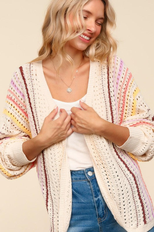 Haptics Full Size Striped Crochet Open Front Cardigan 19105 | Gulf Resellers 