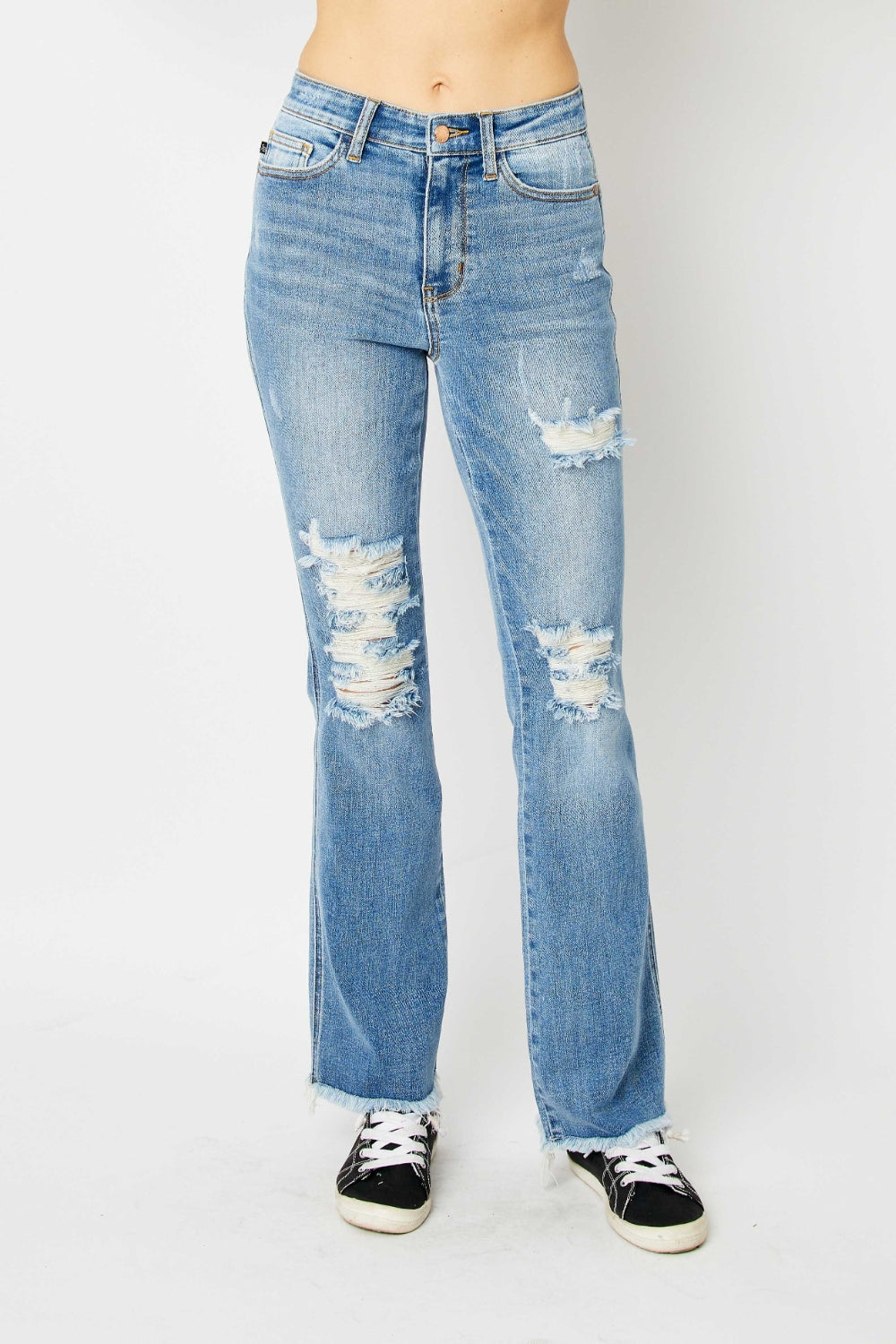 Judy Blue Full Size Distressed Raw Hem Bootcut Jeans 4838 | Gulf Resellers 