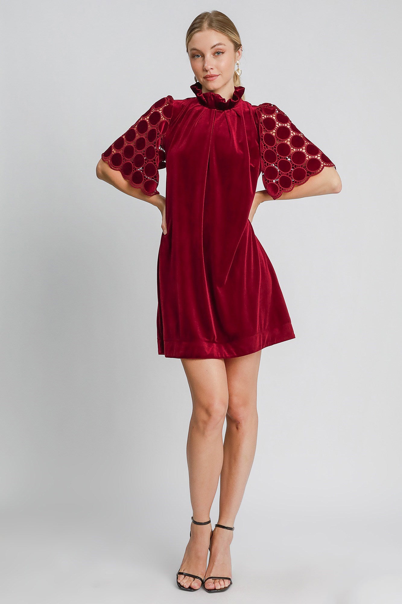 Umgee Dotted Lace Half Sleeve Mock Neck Back Tie Velvet Dress 21562 | Gulf Resellers 