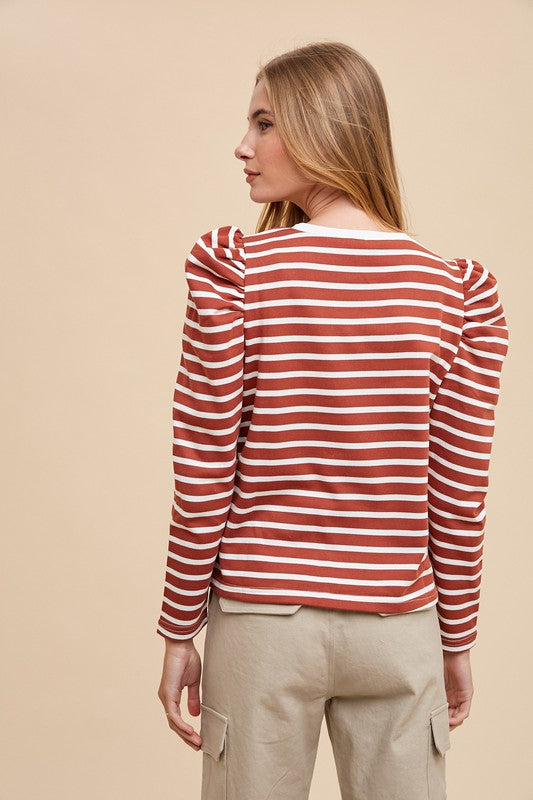 Annie Wear Striped Round Neck Puff Sleeve French Terry Top 18183 | Gulf Resellers 