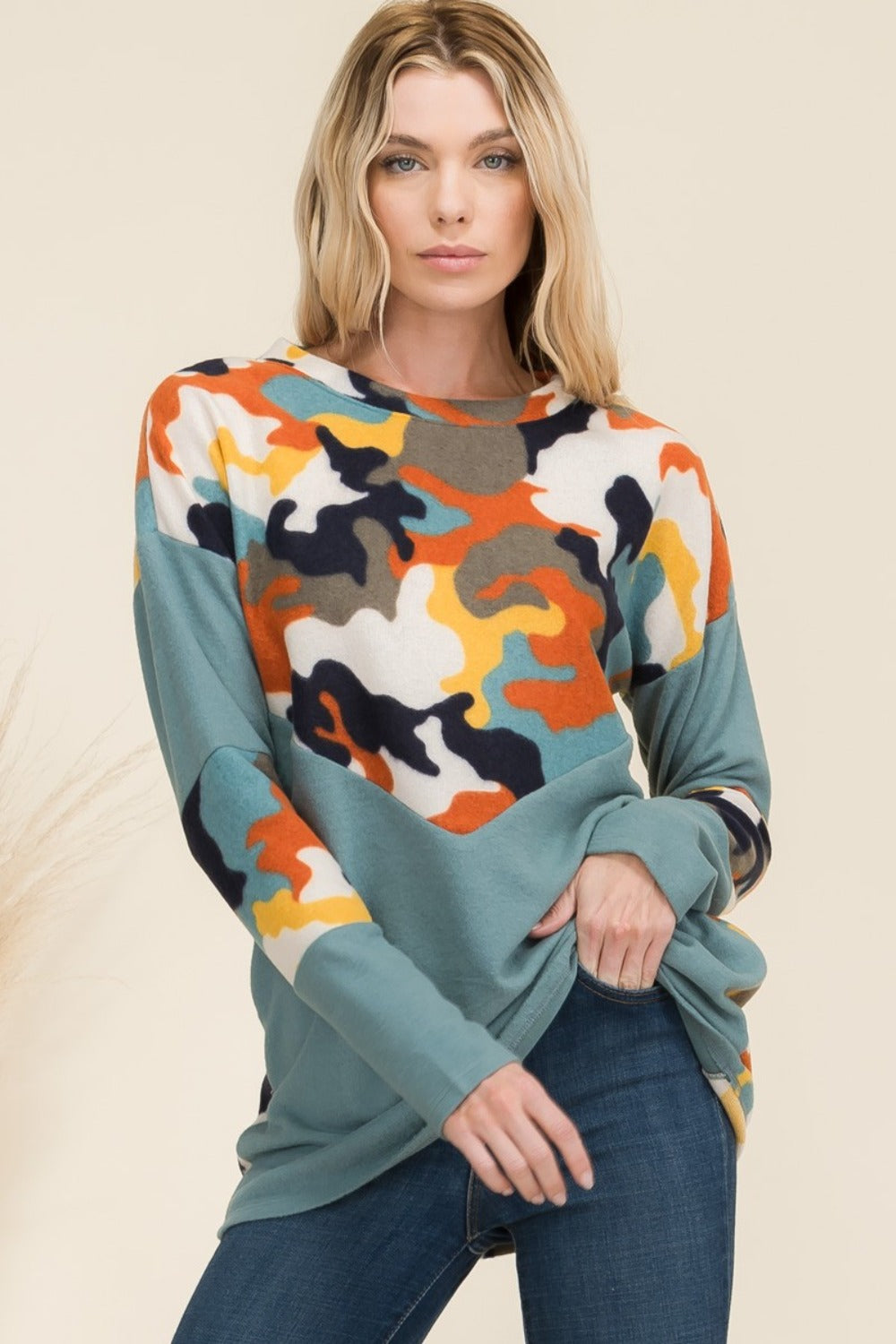 Celeste Full Size Camo Print Contrast Long Sleeve T-Shirt 20226 | Gulf Resellers 