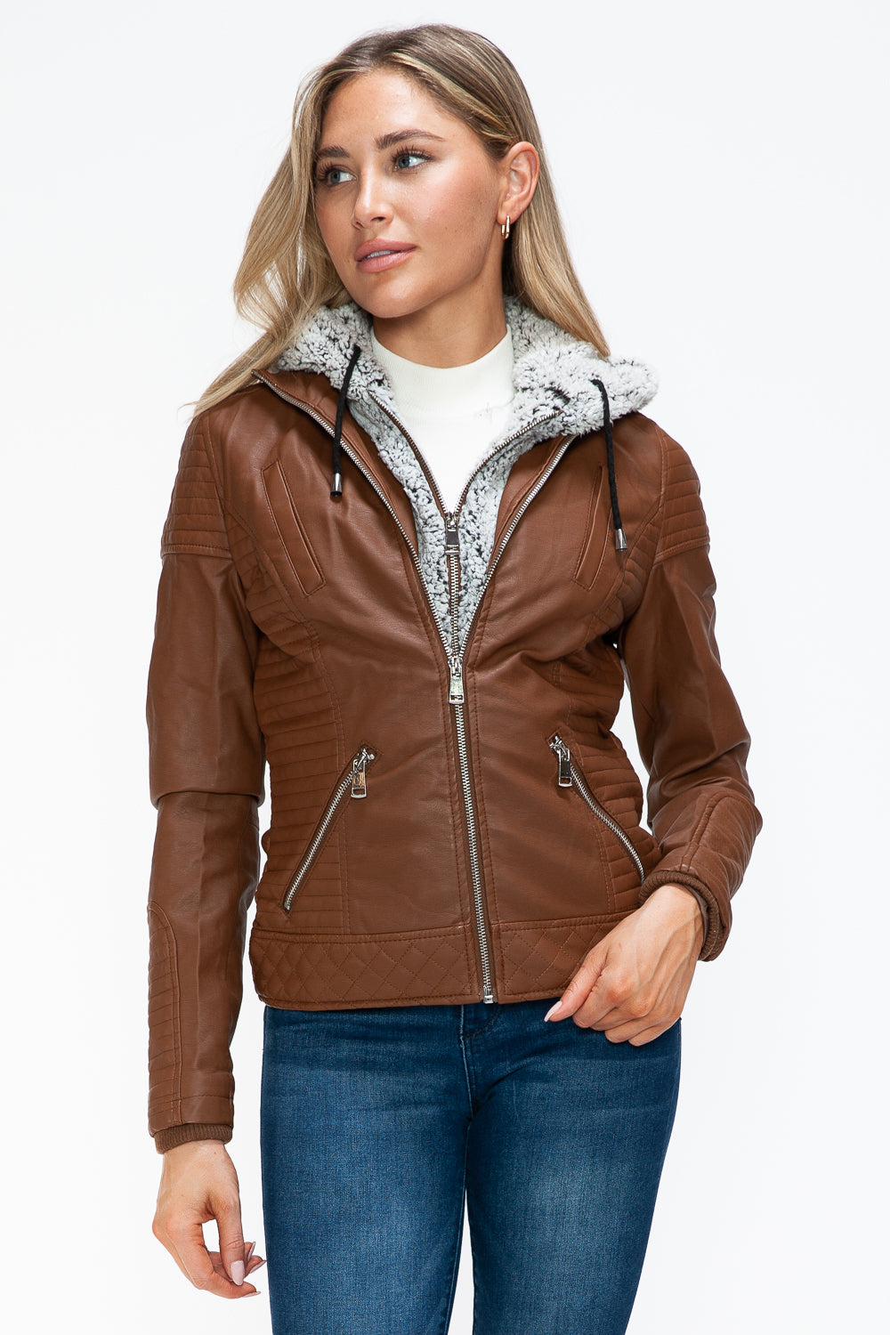 YMI Faux Layered Double-Zipper Jacket with Fuzzy Hood 15591 | Gulf Resellers 