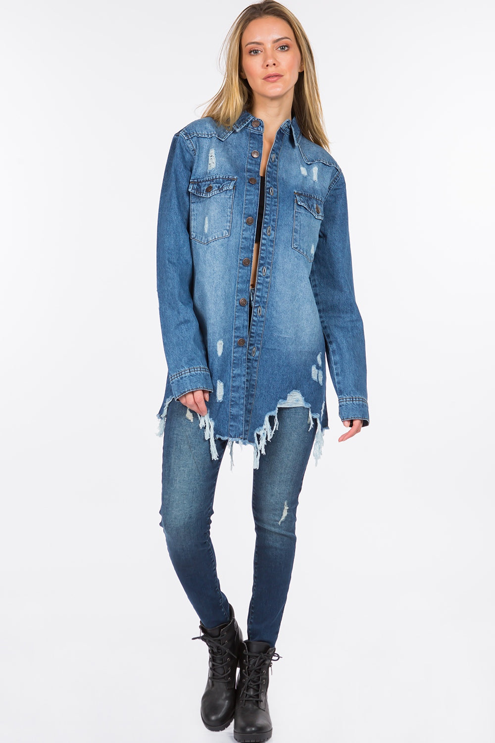 American Bazi Distressed Frayed Hem Denim Jacket 12828 | Gulf Resellers 