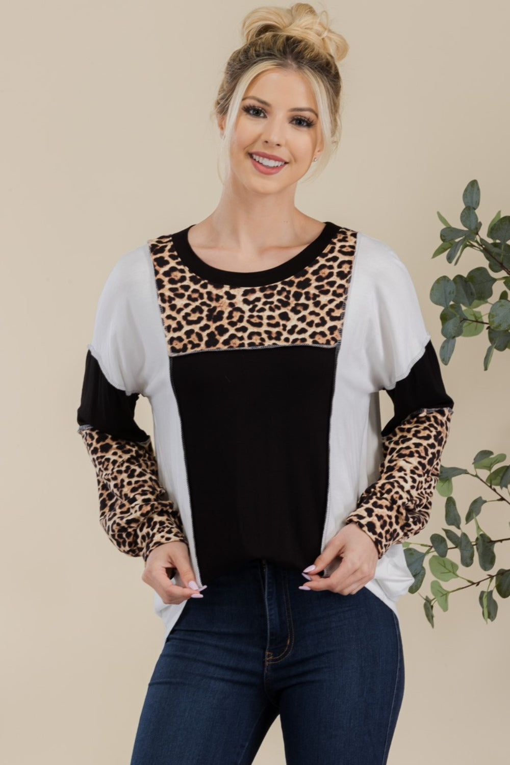 Celeste Full Size Leopard Color Block Exposed Seam T-Shirt 20476 | Gulf Resellers 