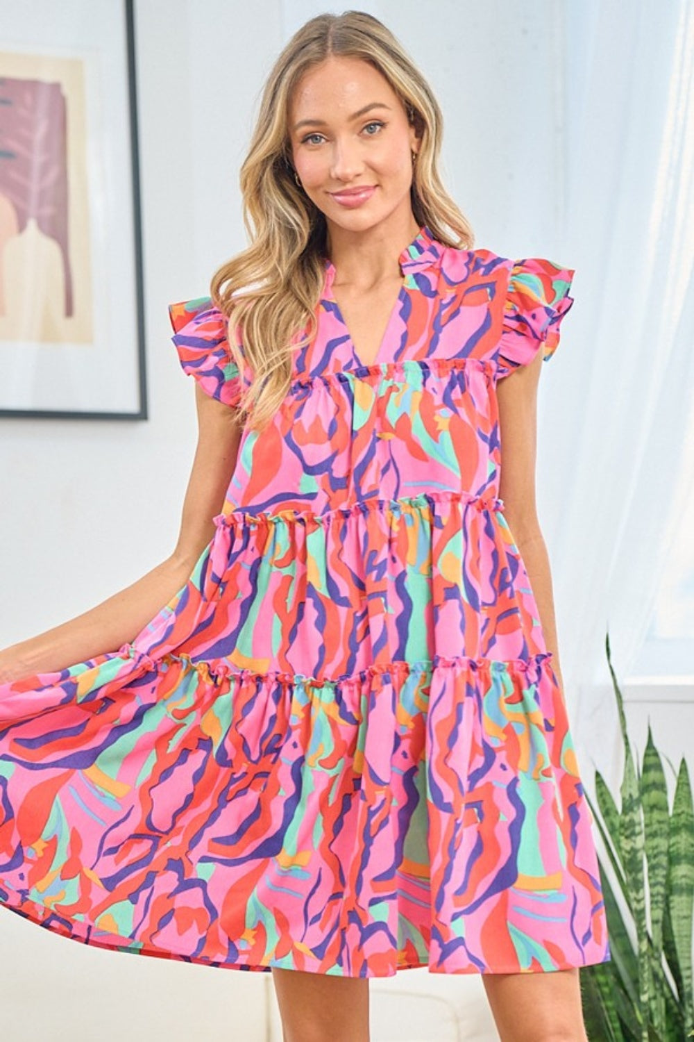 First Love Full Size Printed Ruffle Cap Sleeve Tiered Dress 6377 | Gulf Resellers 