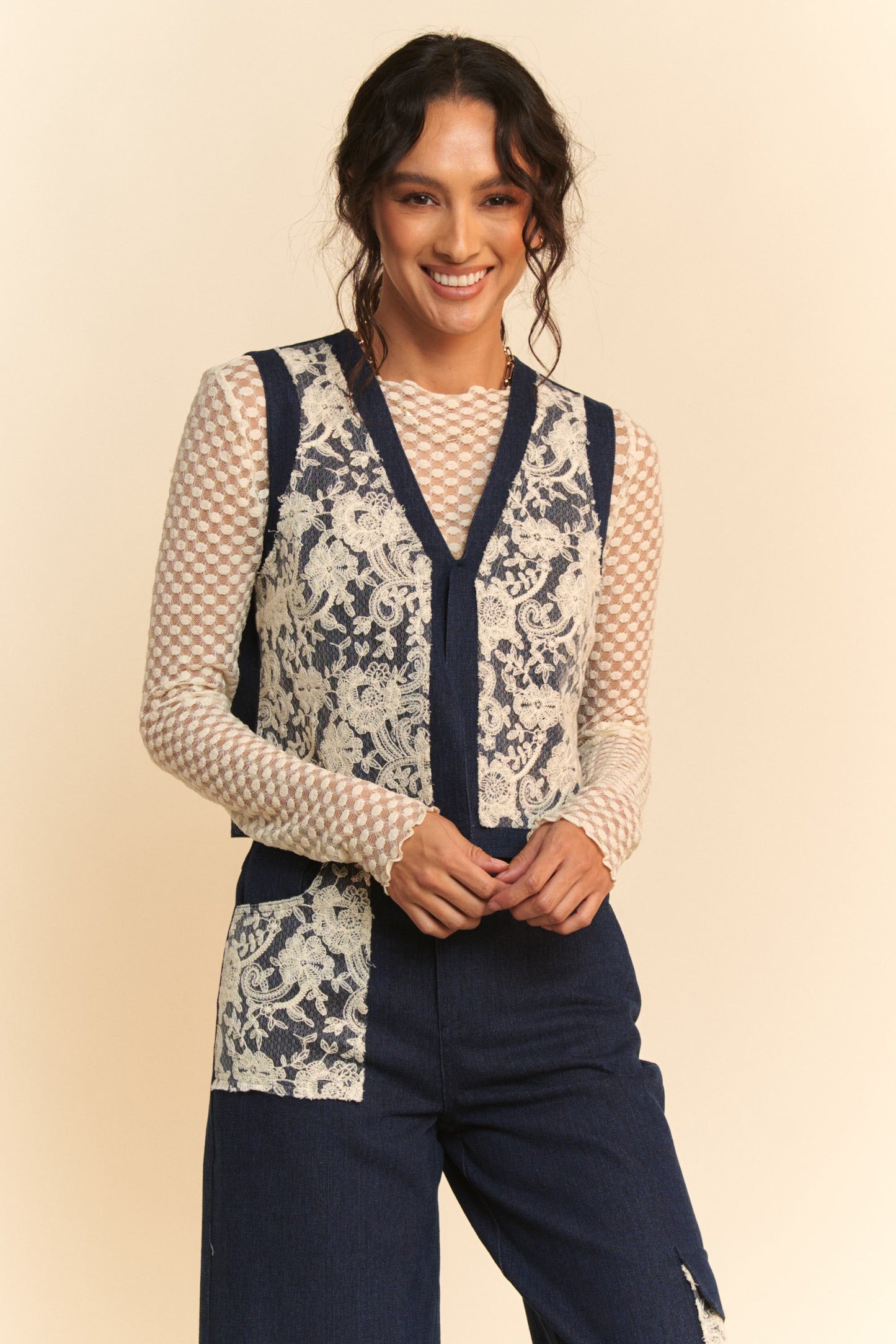 Davi & Dani Lace Patch Open Front Denim Vest 20062 | Gulf Resellers 