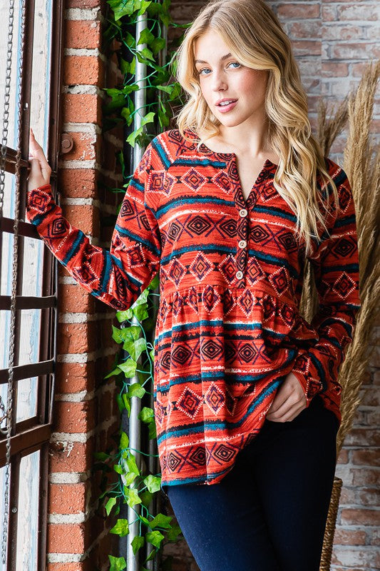 Heimish Full Size Geometric Button Detail Long Sleeve Babydoll Top 18823 | Gulf Resellers 