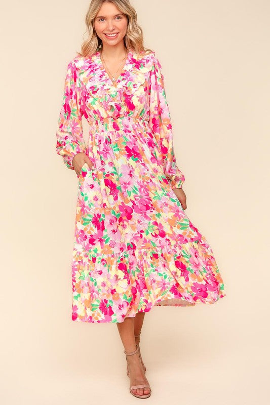 Haptics Full Size Floral Surplice Balloon Sleeve Dress with Side Pockets 20603 | Gulf Resellers 