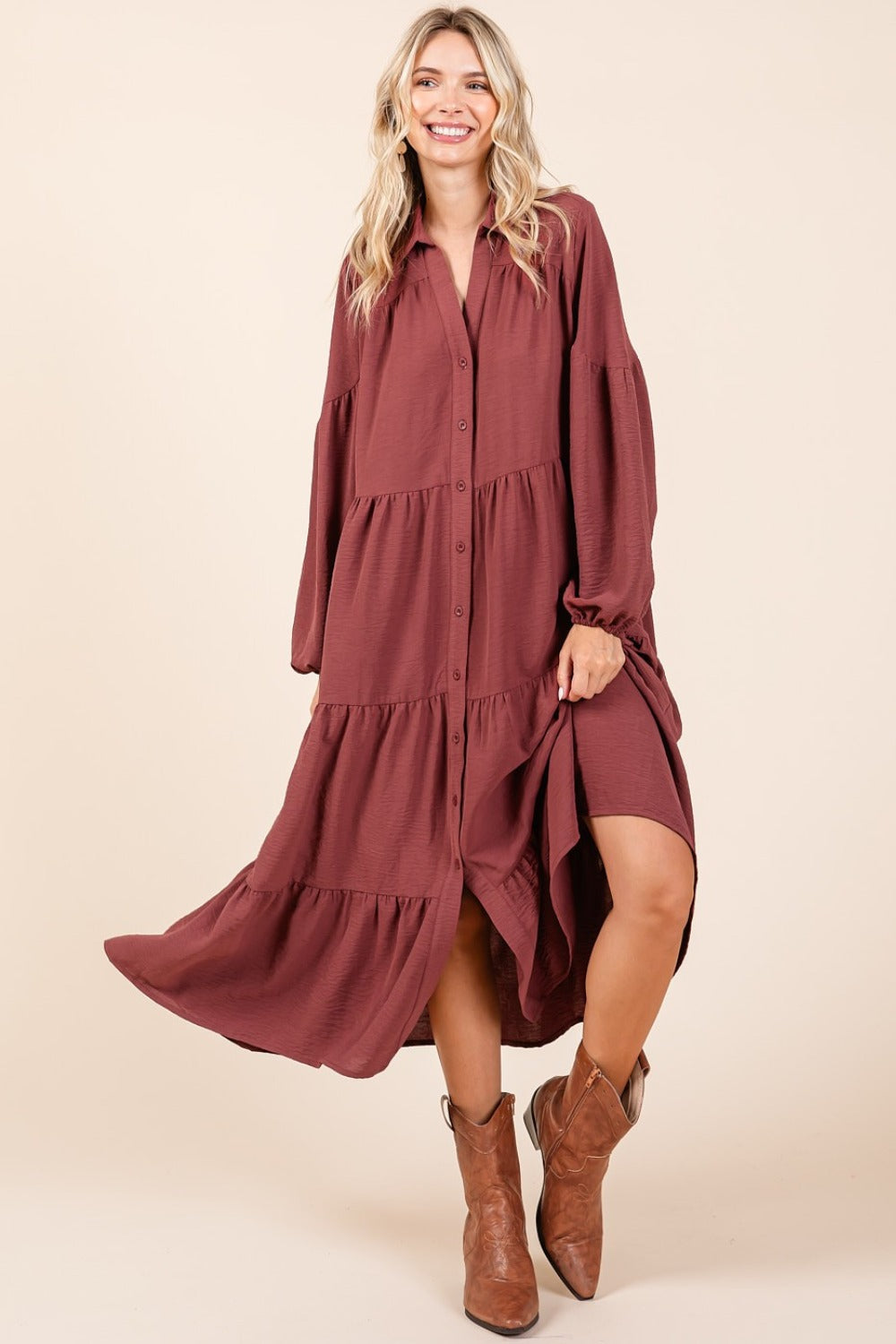 Mittoshop Tiered Button Down Long Sleeve Midi Dress 15109 | Gulf Resellers 