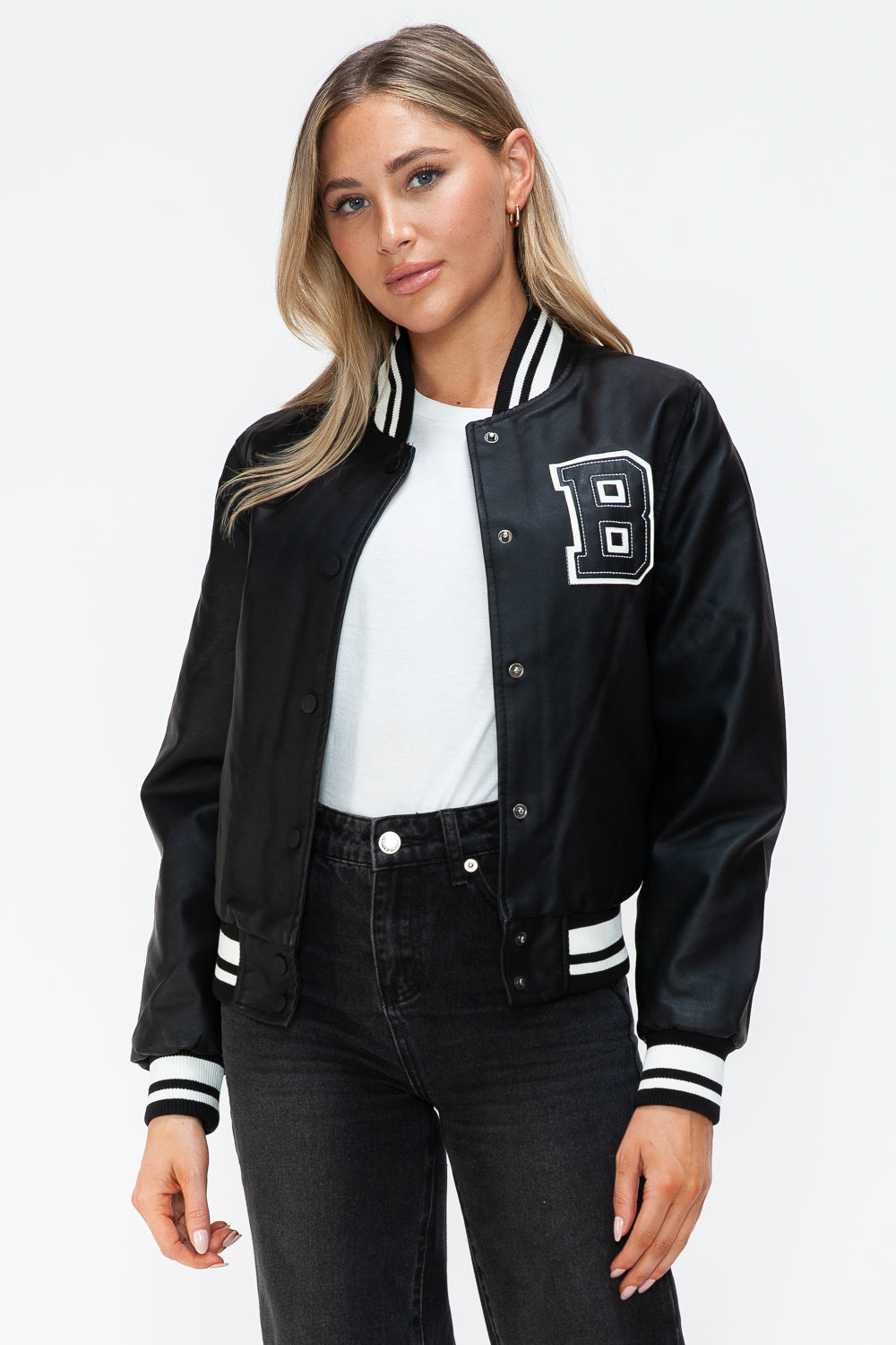 Love Me Now PU Leather Contrast Snap Down Bomber Jacket 15311 | Gulf Resellers 