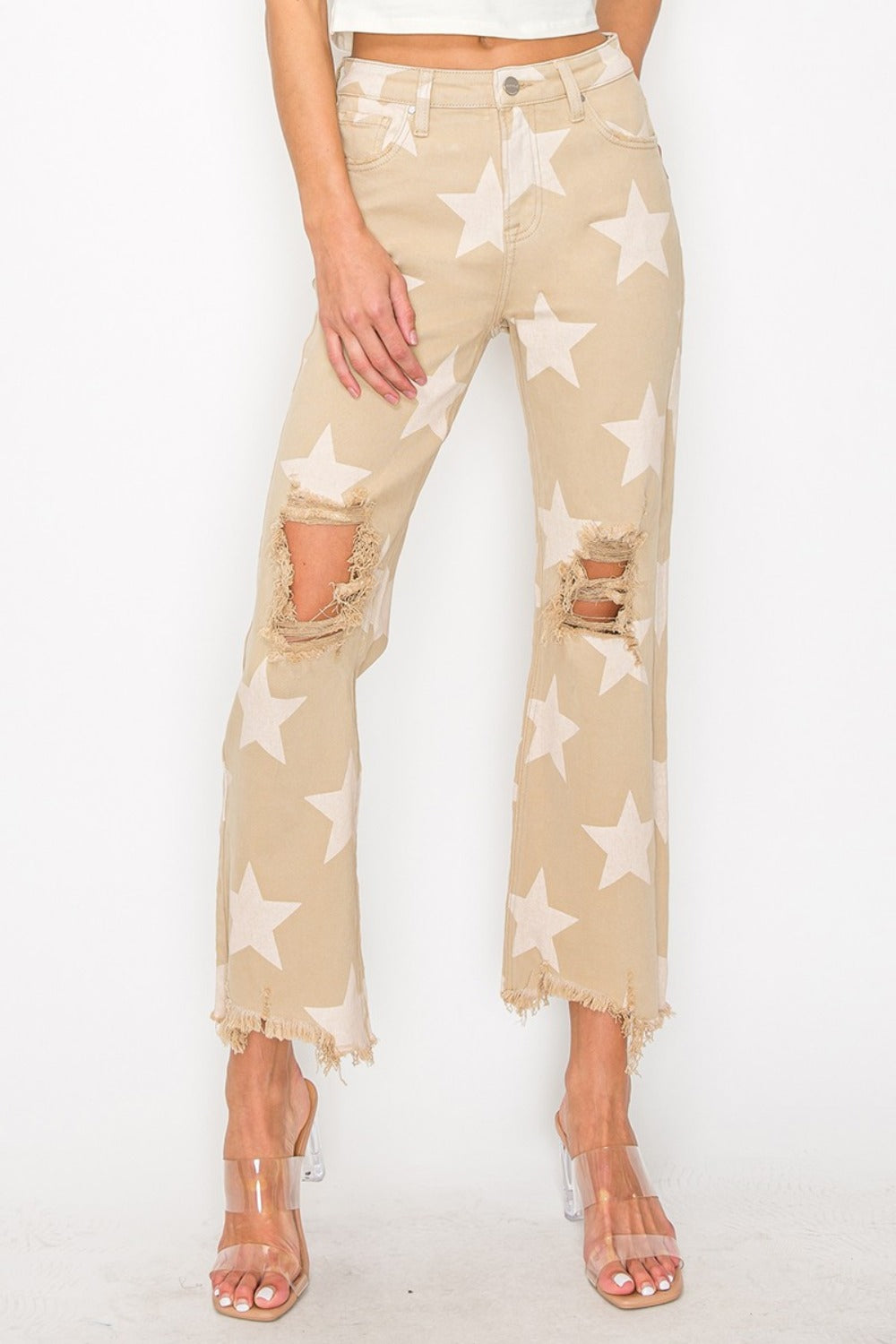 RISEN Full Size High Rise Star Printed Frayed Hem Jeans 8587 | Gulf Resellers 