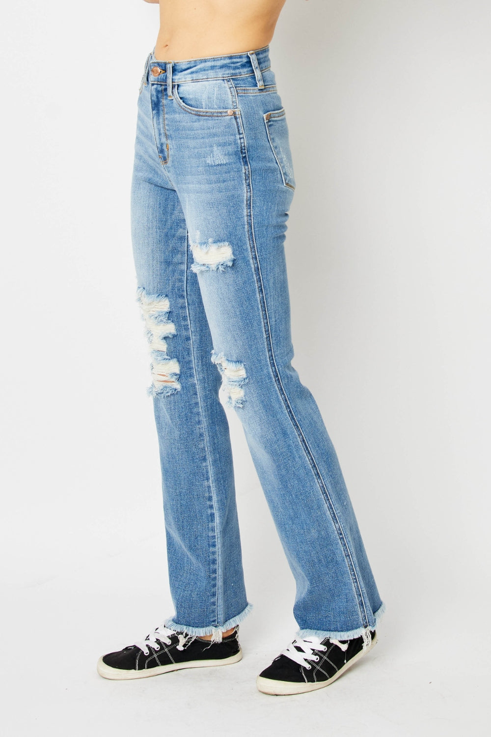 Judy Blue Full Size Distressed Raw Hem Bootcut Jeans 4840 | Gulf Resellers 