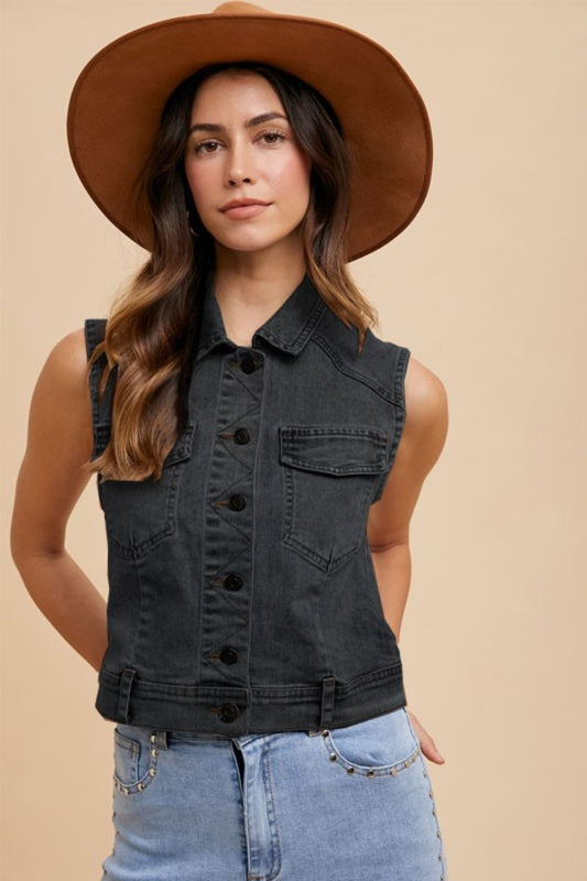 Annie Wear Collared Neck Button Down Denim Vest 20568 | Gulf Resellers 