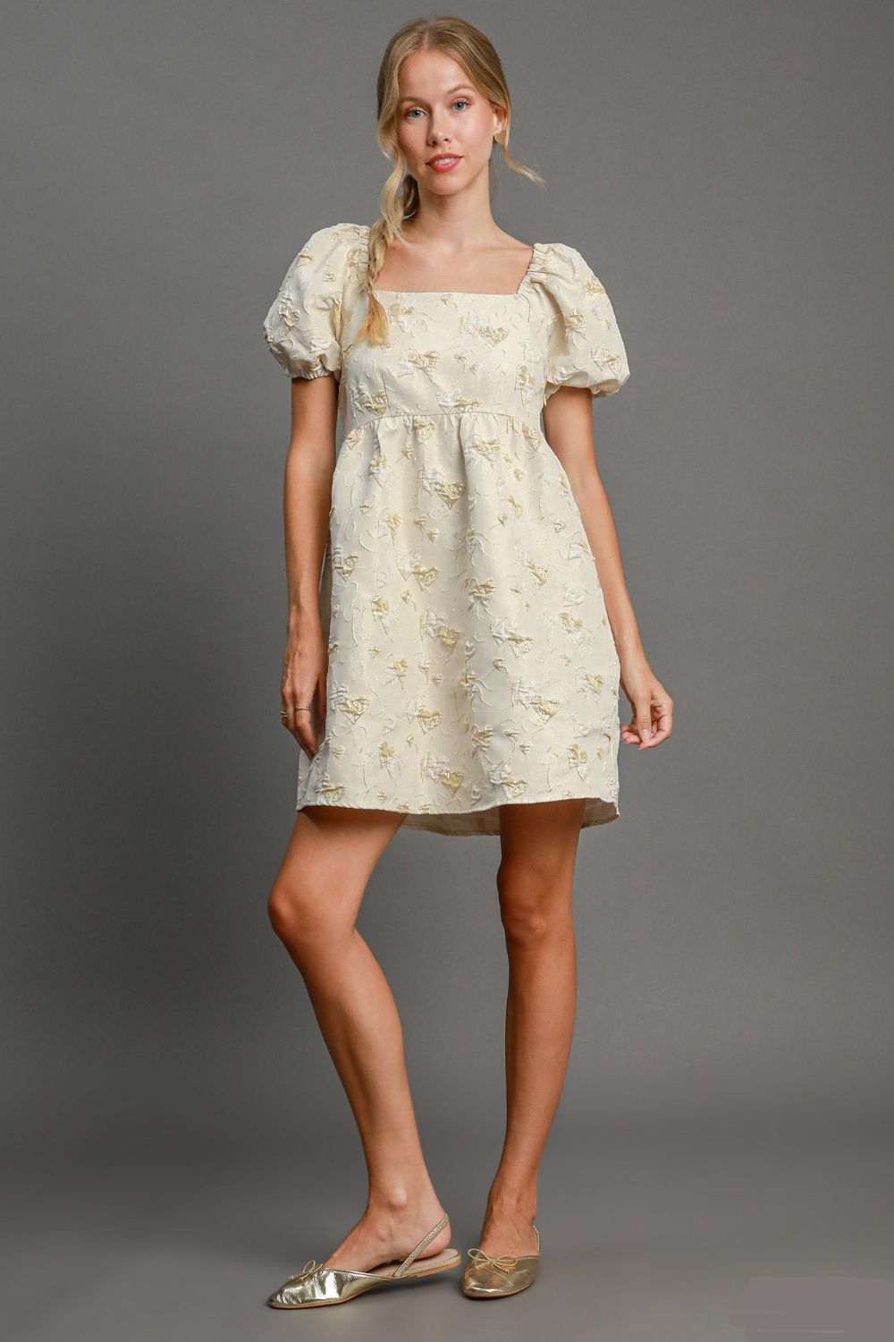 Umgee Heart Jacquard Square Neck Puff Sleeve Mini Dress 21505 | Gulf Resellers 