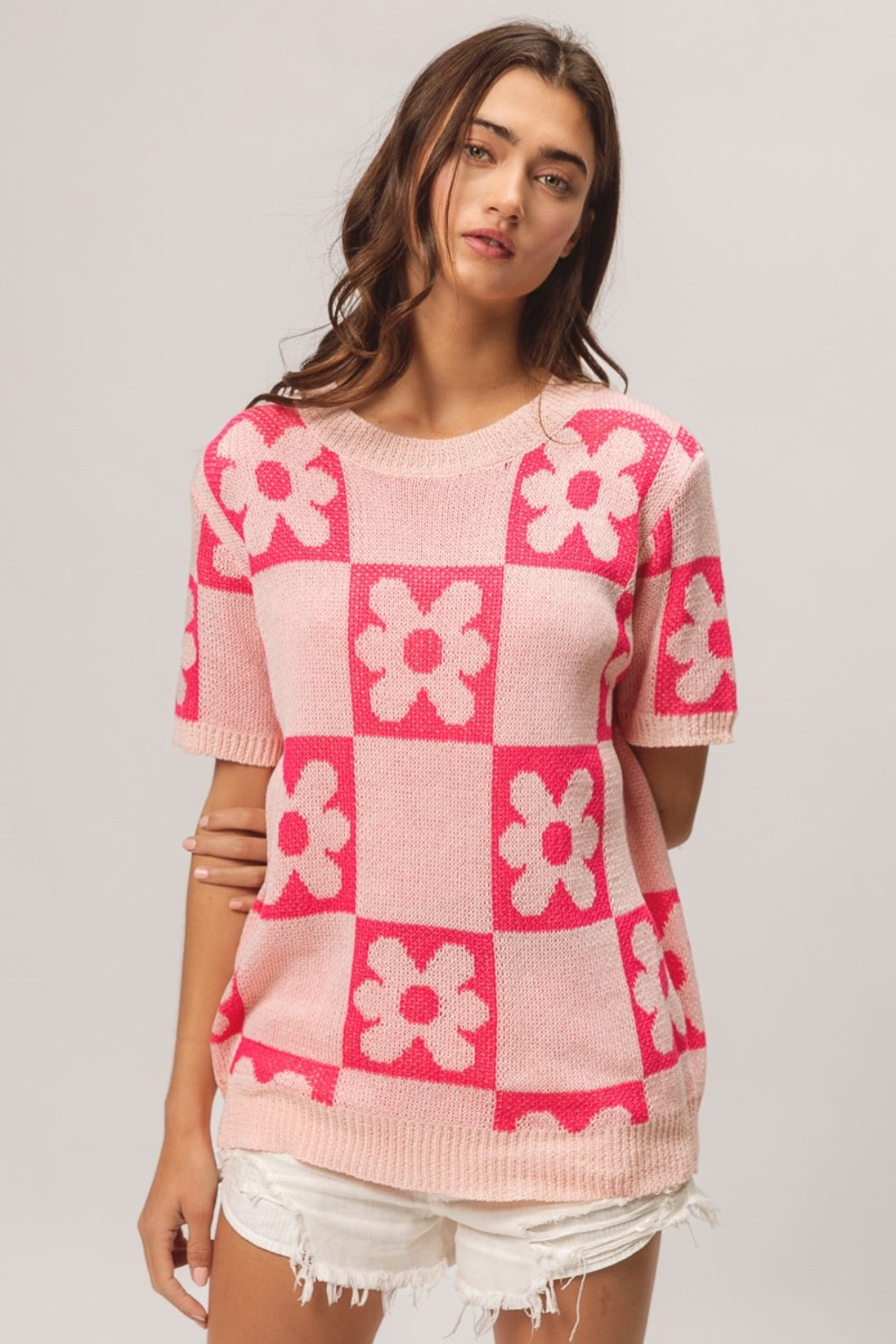 BiBi Flower Checker Pattern Short Sleeve Sweater 8723 | Gulf Resellers 