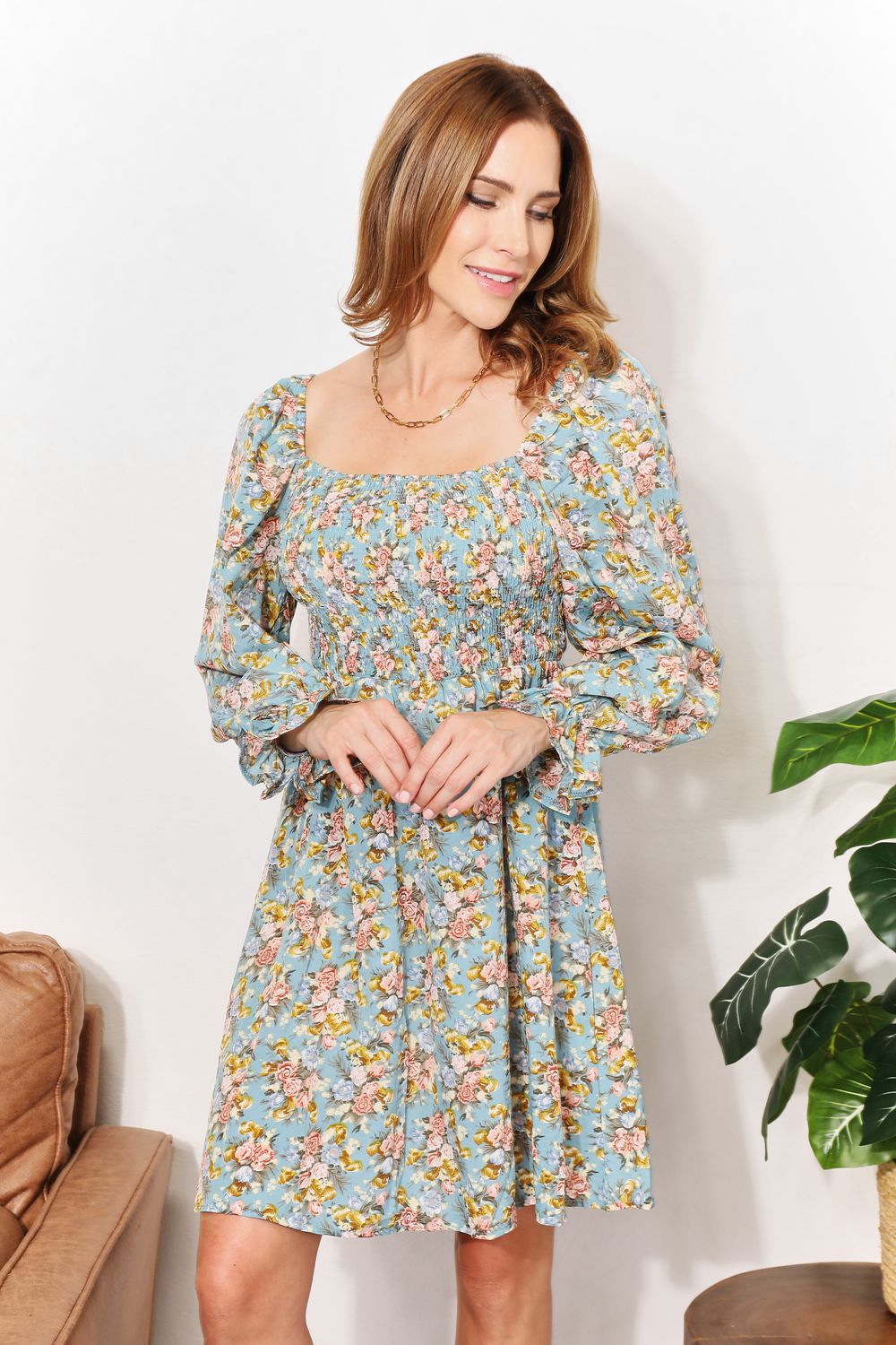 Double Take Floral Smocked Flounce Sleeve Square Neck Dress | Gulf Resellers