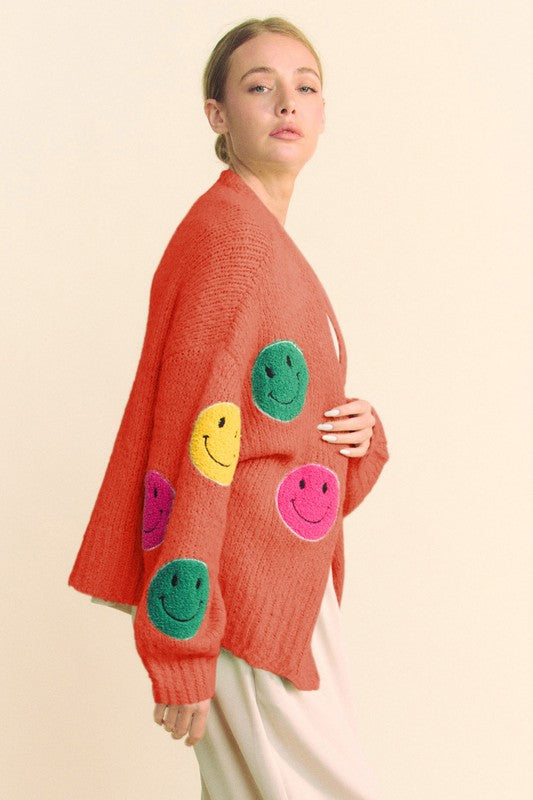 Davi & Dani Fuzzy Smile Open Front Long Sleeve Cardigan 18960 | Gulf Resellers 