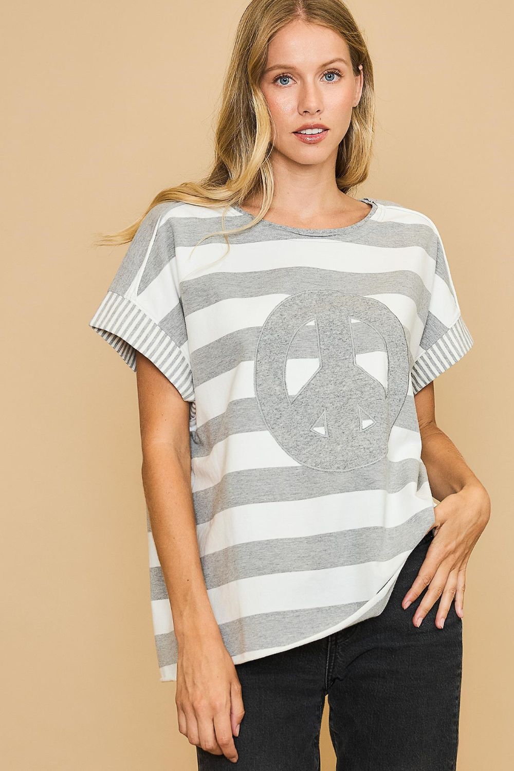 Umgee Peace Sign Patch Striped French Terry T-Shirt 18465 | Gulf Resellers 