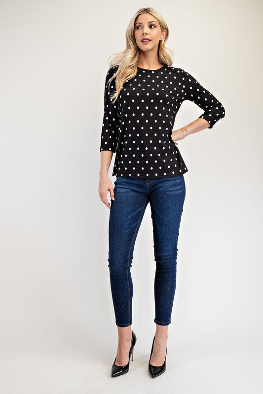 Celeste Full Size Polka Dot Round Neck Three-Quarter Sleeve T-Shirt 18270 | Gulf Resellers 