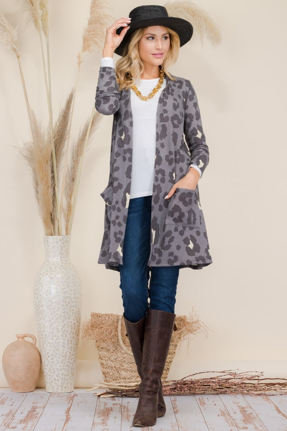 Celeste Full Size Leopard Open Front Contrast Cardigan 9992 | Gulf Resellers 