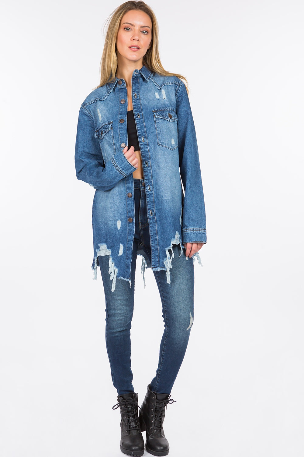 American Bazi Distressed Frayed Hem Denim Jacket 12829 | Gulf Resellers 