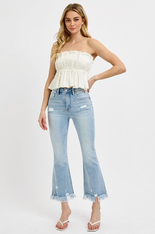 RISEN Full Size Raw Hem Distressed Cropped Flare Jeans Plus Size 18801 | Gulf Resellers 