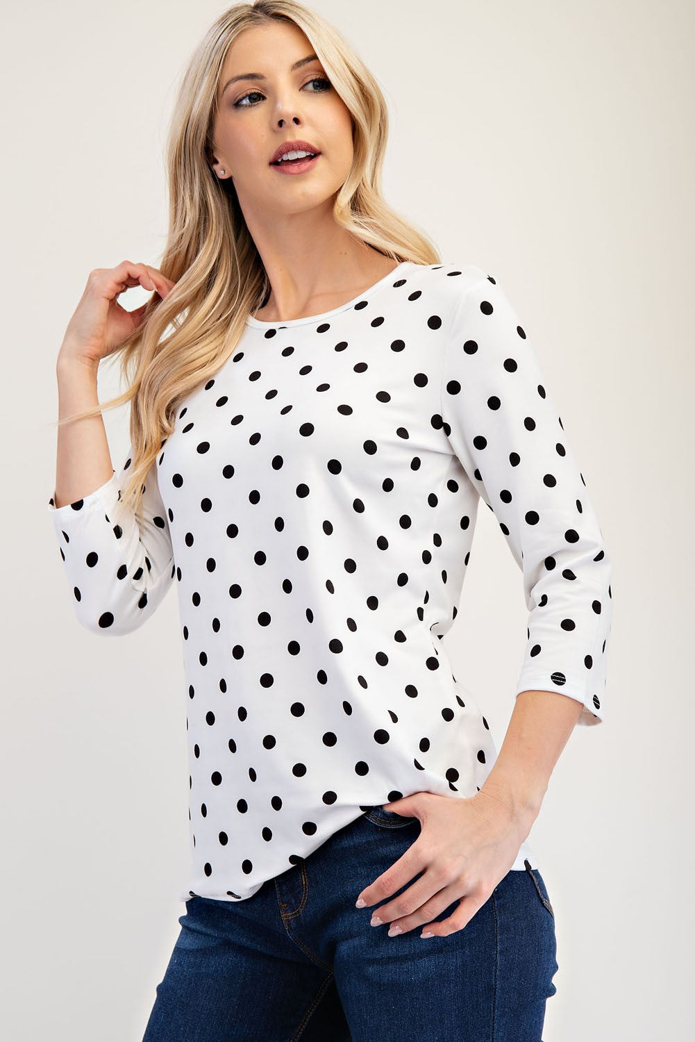 Celeste Full Size Polka Dot Round Neck Three-Quarter Sleeve T-Shirt 20139 | Gulf Resellers 