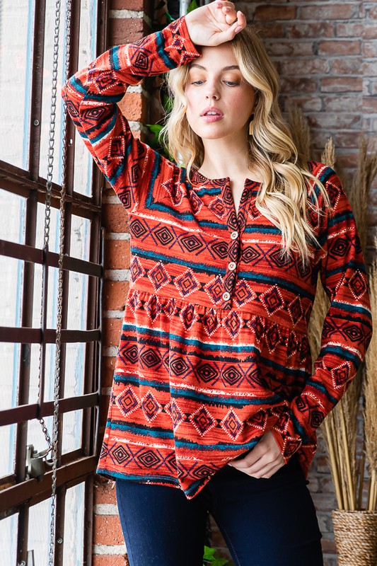 Heimish Full Size Geometric Button Detail Long Sleeve Babydoll Top 18826 | Gulf Resellers 