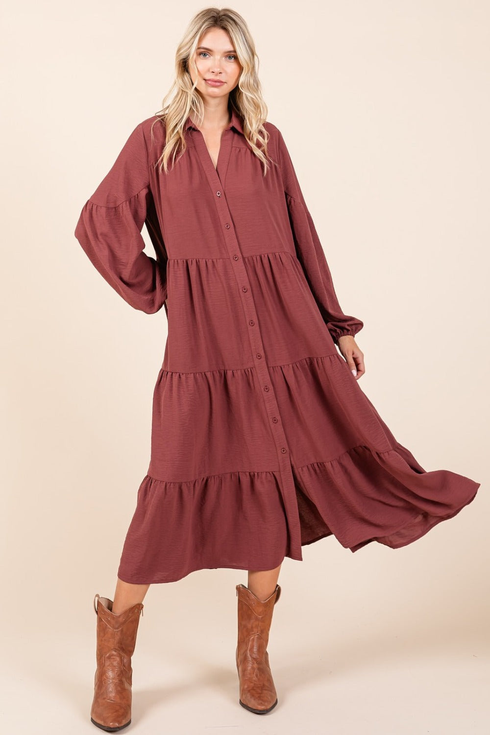 Mittoshop Tiered Button Down Long Sleeve Midi Dress 15111 | Gulf Resellers 
