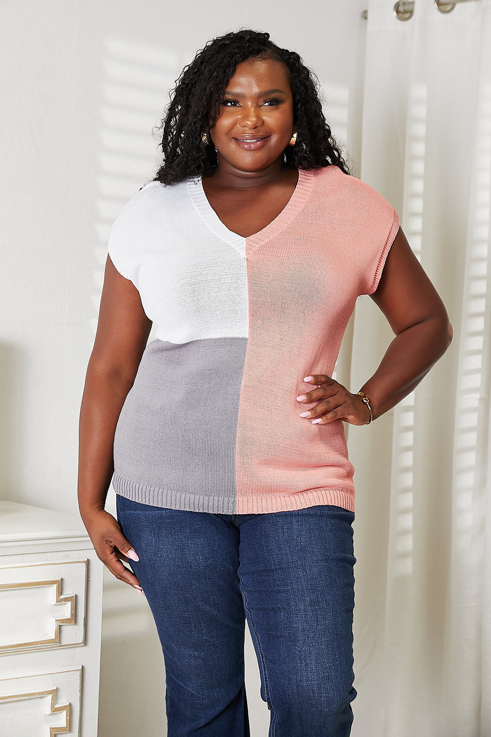 Double Take Color Block V-Neck Knit Top | Gulf Resellers