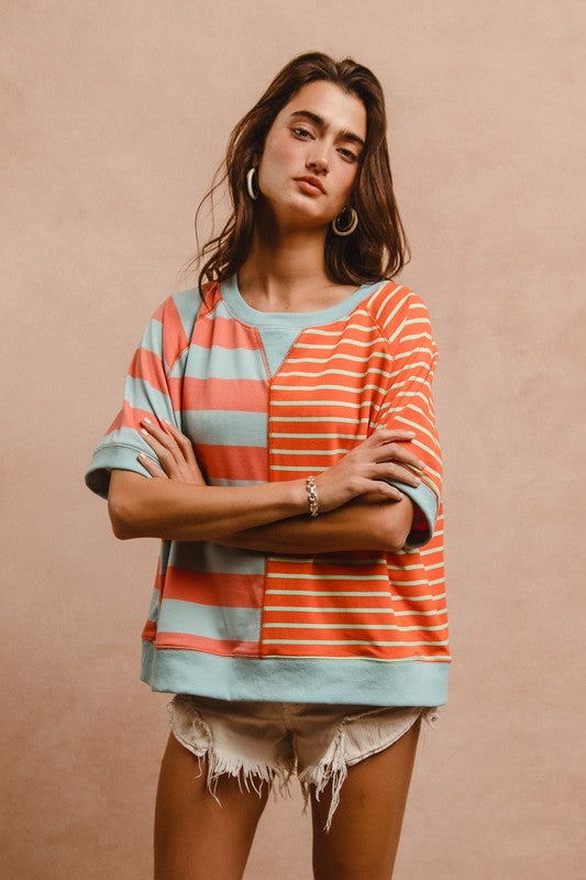 BiBi Striped Round Neck Half Sleeve French Terry Top 18411 | Gulf Resellers 