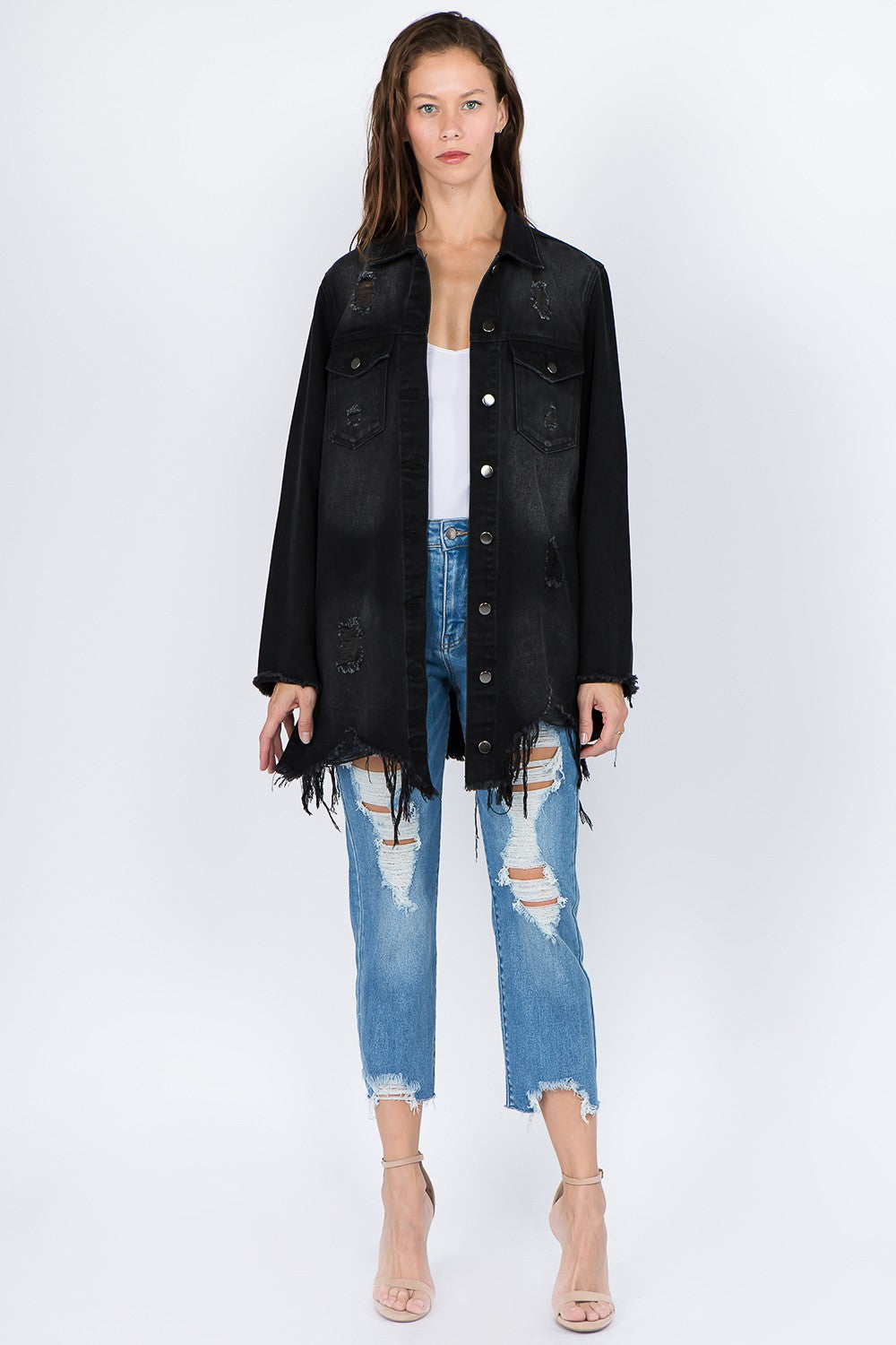 American Bazi Distressed Frayed Hem Denim Jacket | Gulf Resellers