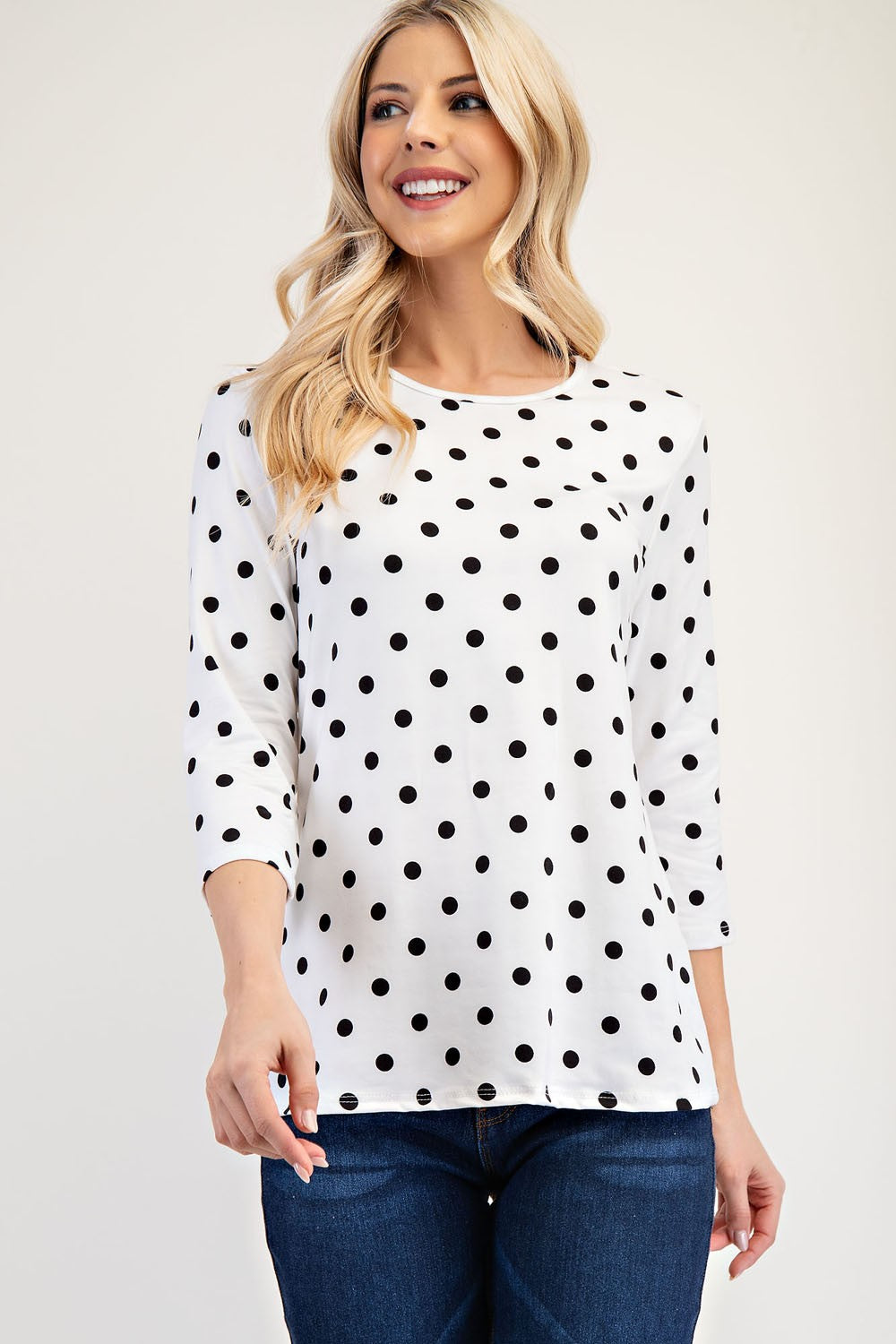 Celeste Full Size Polka Dot Round Neck Three-Quarter Sleeve T-Shirt 20141 | Gulf Resellers 