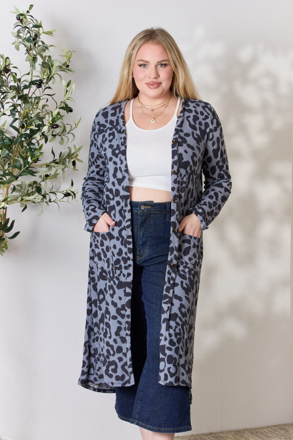 Celeste Full Size Button Up Animal Print Cardigan