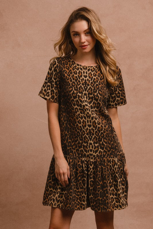 BiBi Tie Back Leopard Round Neck Short Sleeve Dress 20887 | Gulf Resellers 