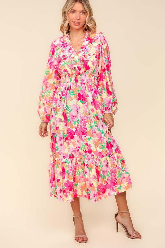 Haptics Full Size Floral Surplice Balloon Sleeve Dress with Side Pockets 20605 | Gulf Resellers 