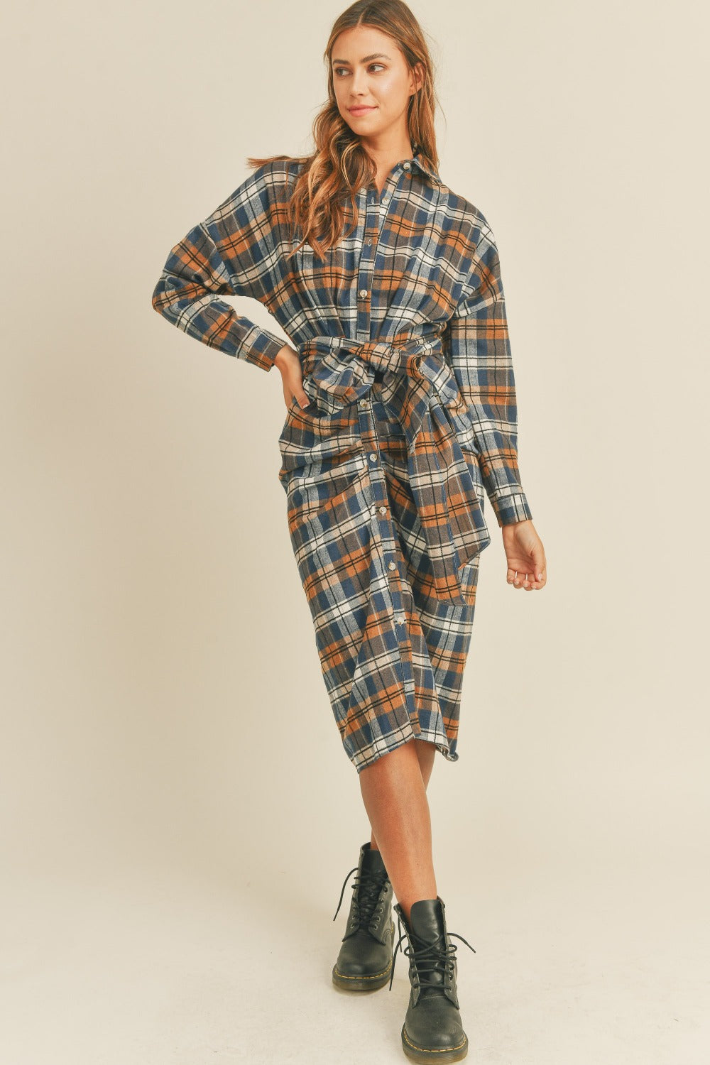 Mable Plaid Flannel Front Tie Button Down Shirt Dress | Gulf Resellers