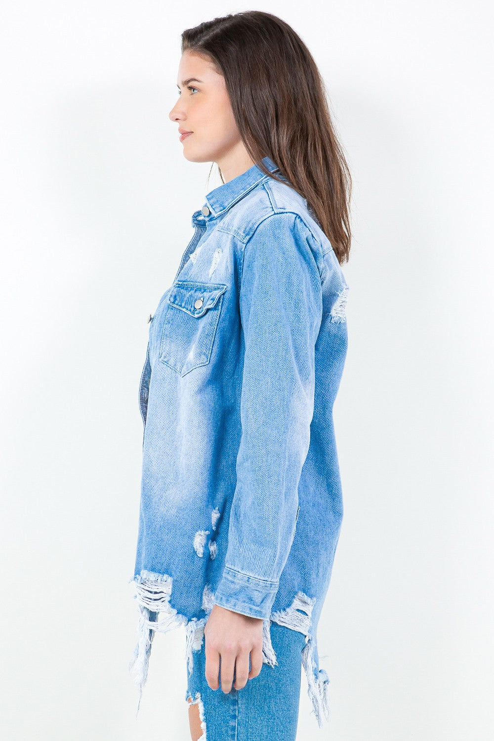 American Bazi Frayed Hem Distressed Denim Shirt Jacket 13779 | Gulf Resellers 