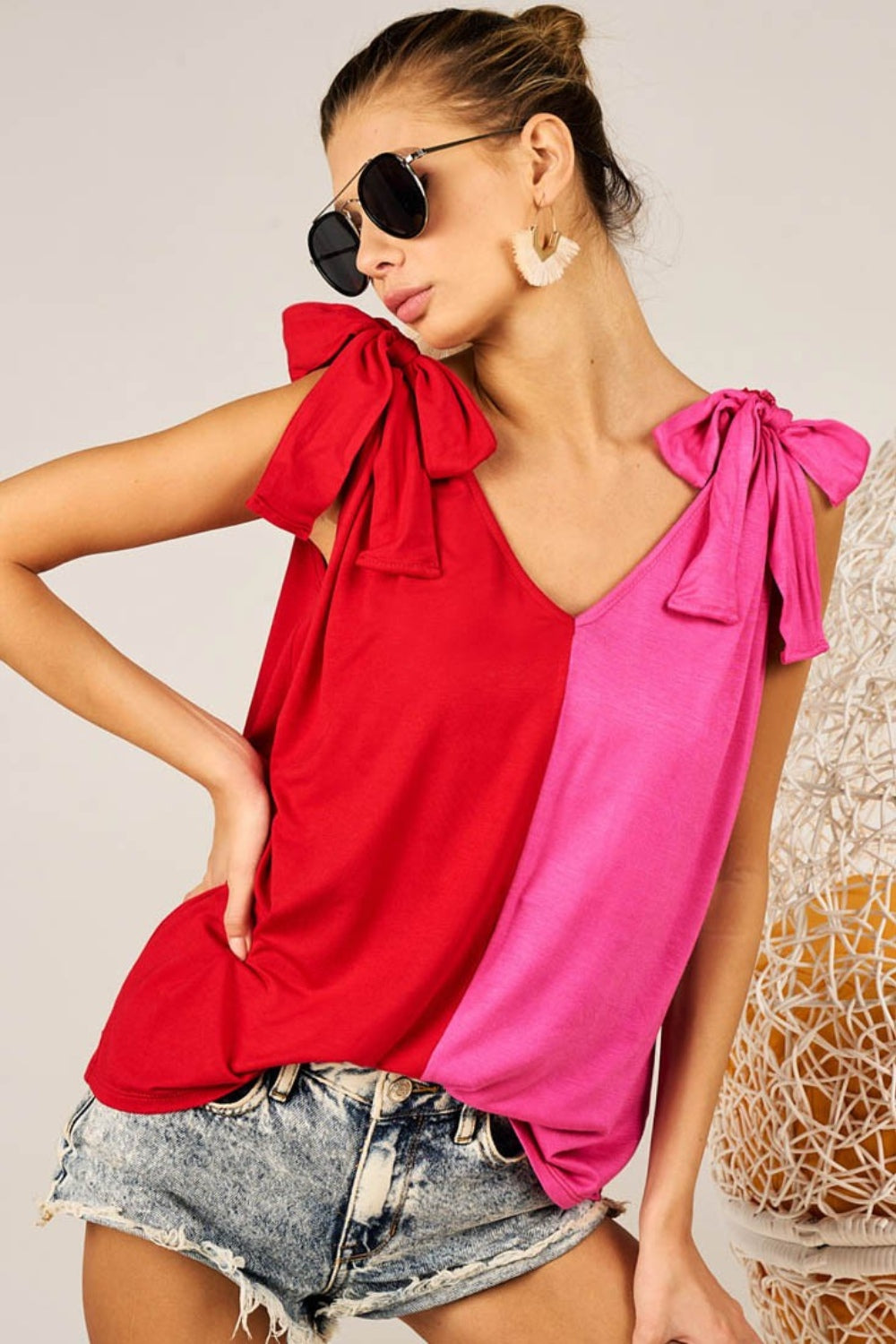 BiBi Shoulder Ribbon Tied Contrast Tank 17009 | Gulf Resellers 